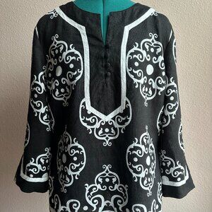 Style & Co.  Women Black/White 100% Linen Tunic  3/4 Sleeve Size 12